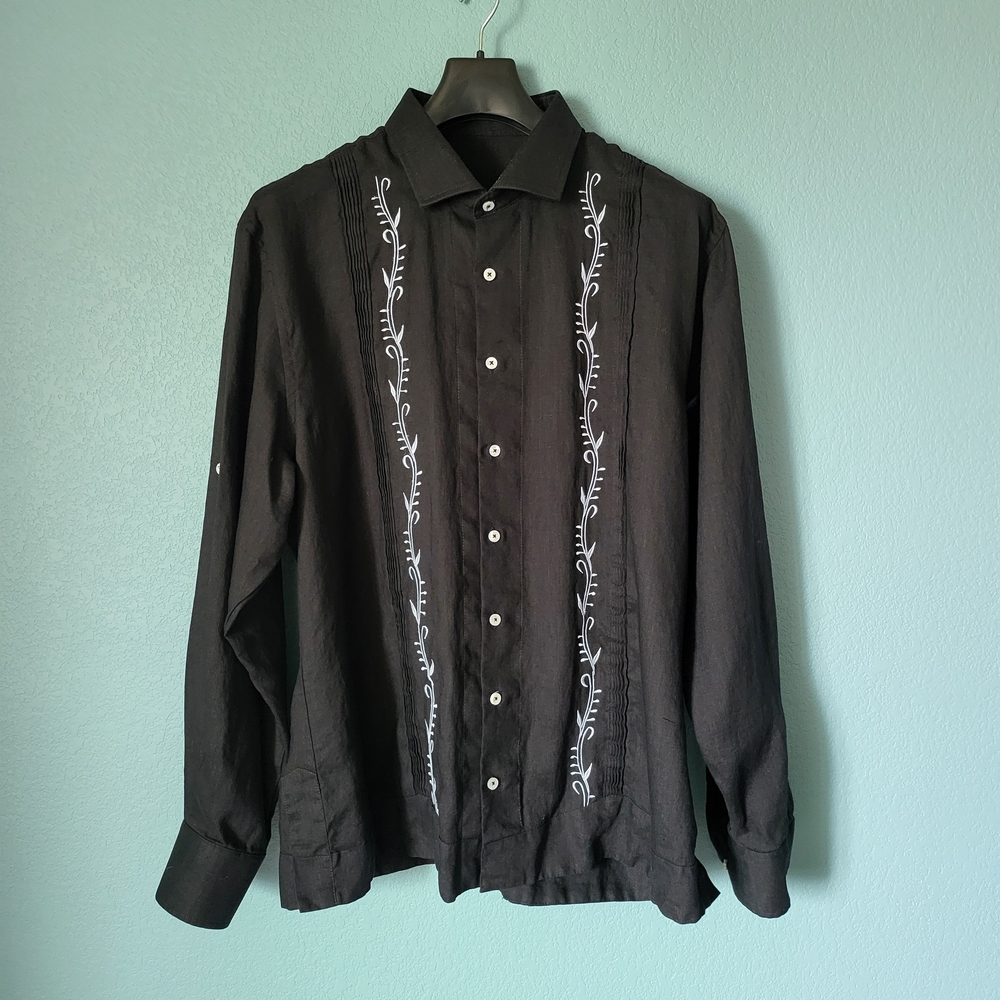 Custom Black Linen Guayabera Silvery Blue Embroidered Dress Shirt XL